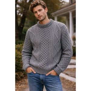 Inis Crafts M Sweater Mens Grey Excellent 100% Wool Made in Ireland Cable Knit
